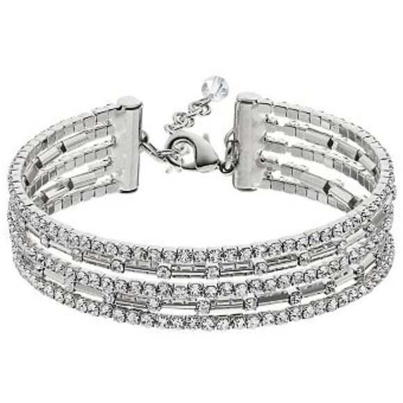 NAPIER Art Deco/Glam Silver Clear Crystal Multi Row Flex Cuff Bracelet**NEW! - Picture 1 of 3